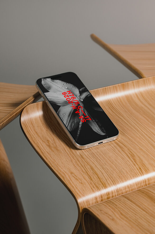 Gold iPhone balanced on wooden chair with black screen