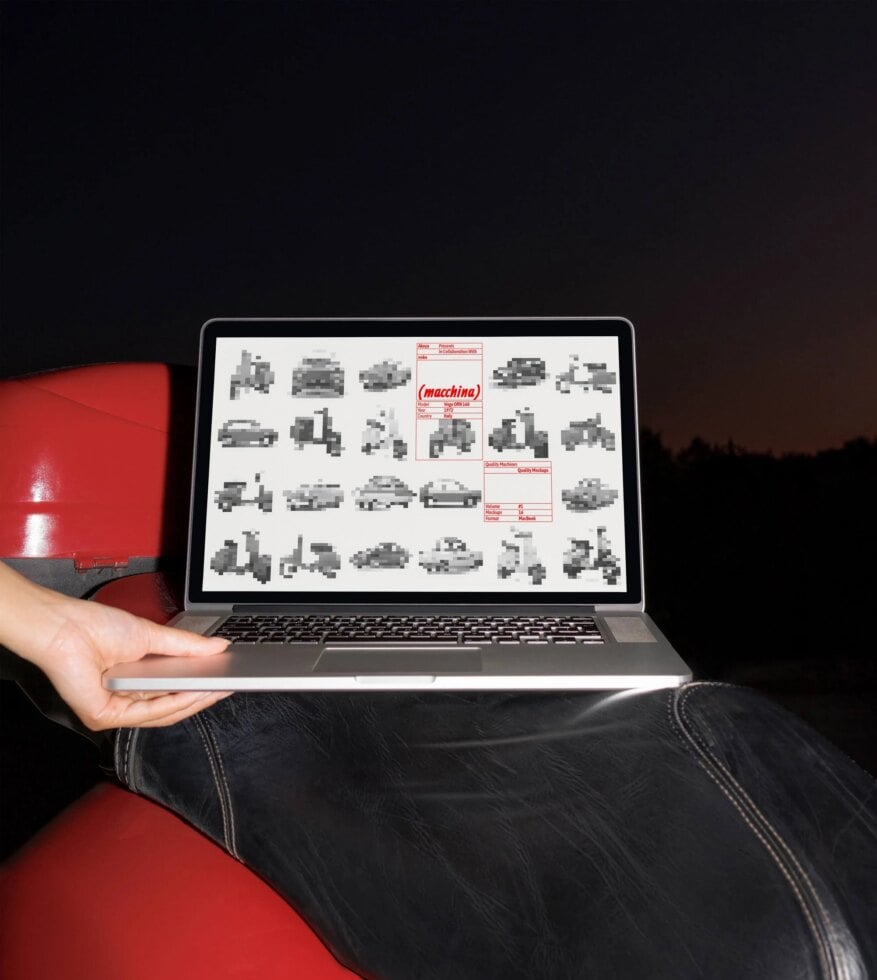 Laptop displaying pixel art vehicle graphics, ideal for designers in digital asset marketplaces. Perfect for retro-style mockups and templates.
