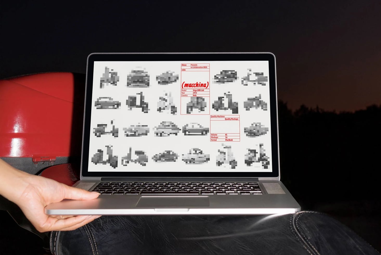 Laptop displaying pixel art retro vehicle icons sheet with red spec boxes on white background