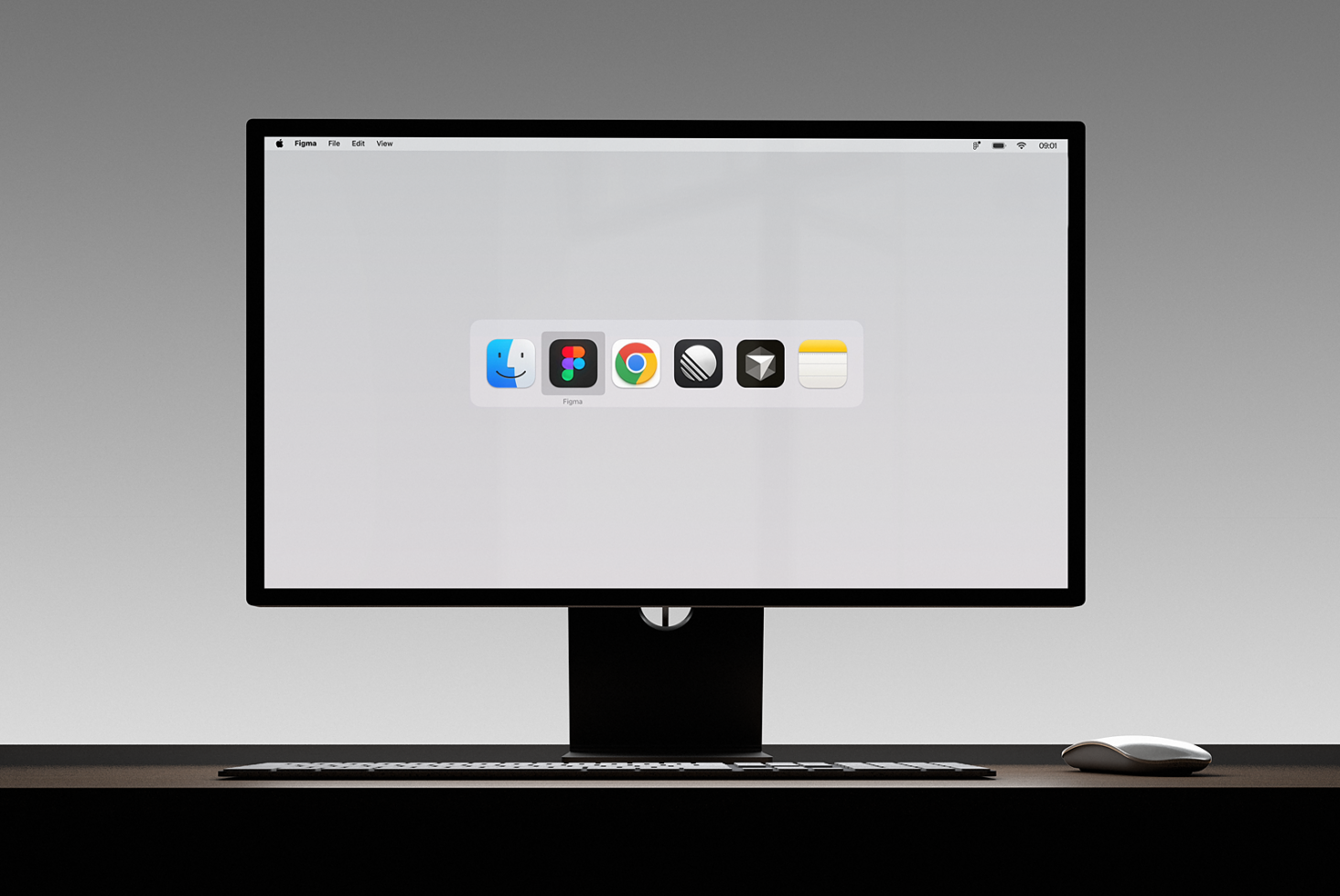 Computer screen mockup displaying app icons on a minimalist desk with keyboard and mouse. Perfect for UI and UX design presentations and digital showcases.