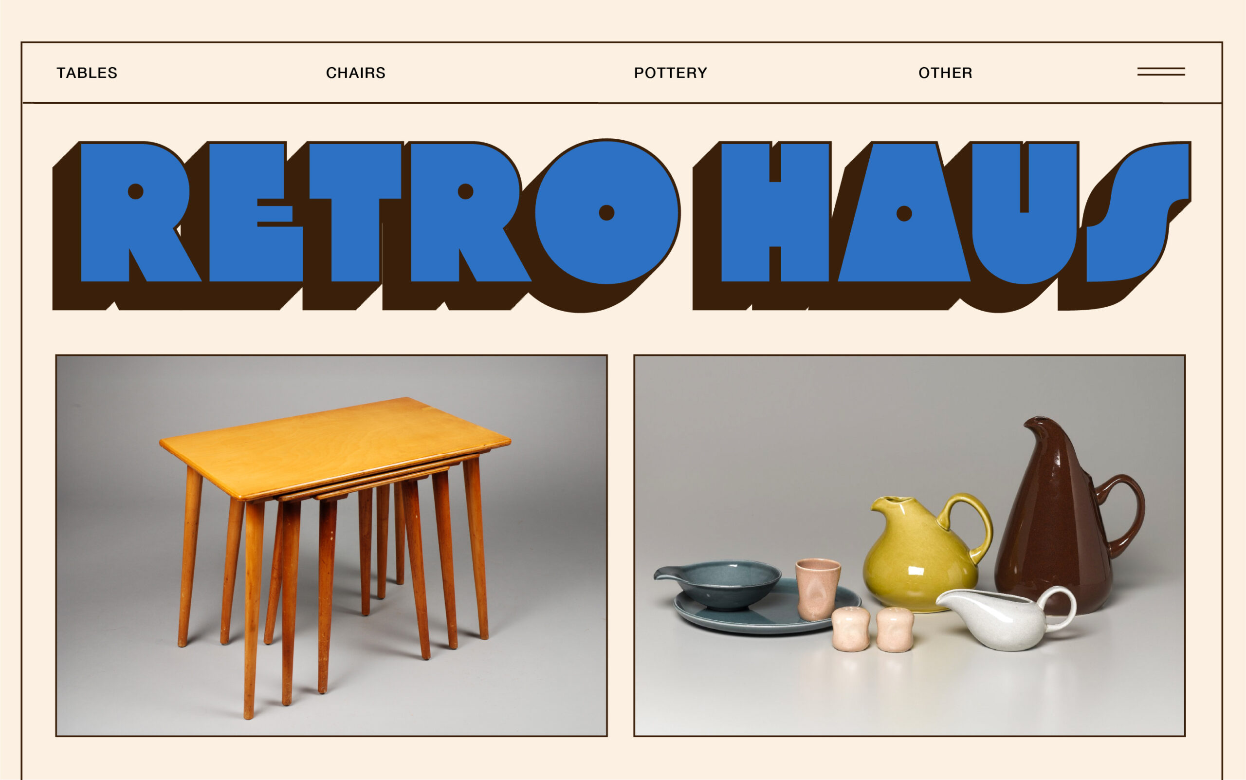 Retro Haul poster with bold blue letters, showing stacked wooden tables on left, ceramic pitchers on right