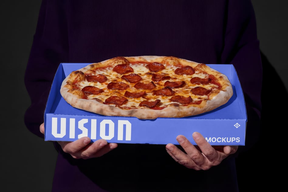 Person holding blue pizza box mockup with pepperoni pizza inside