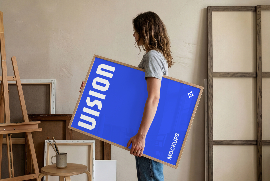 Person holding large wooden-framed poster with bright blue design in studio space