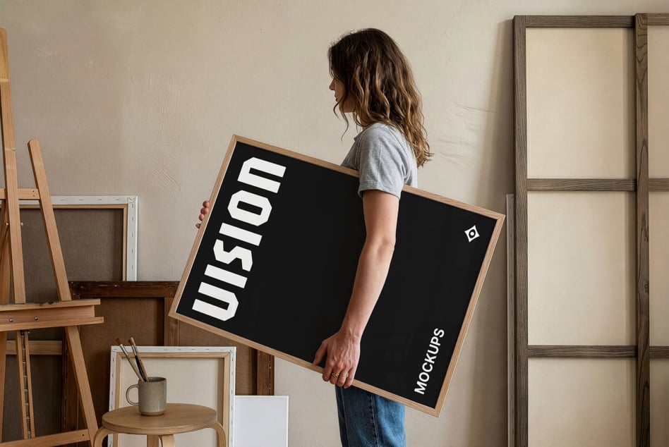 Woman in gray tee holding wooden-framed black mockup poster in studio setting