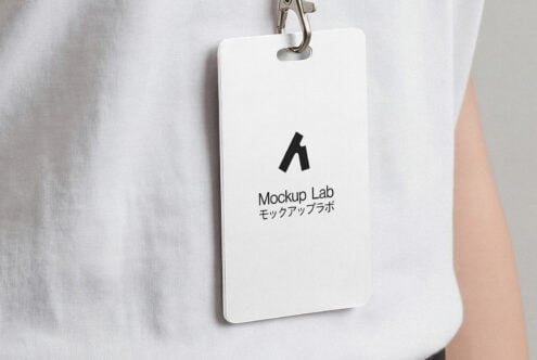 Vertical white badge mockup on lanyard displaying Mockup Lab branding in black