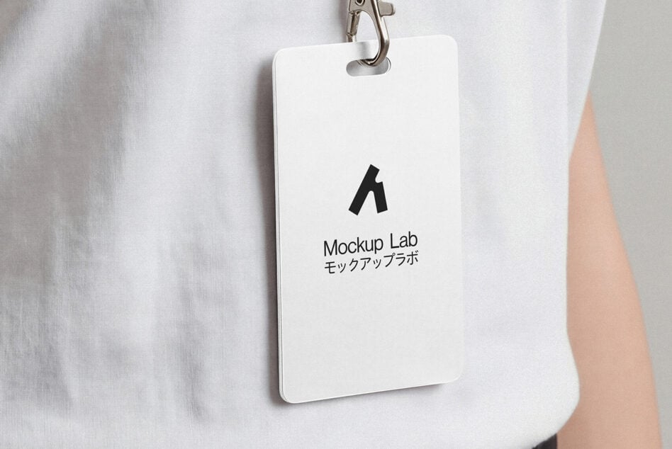 Vertical white badge mockup on lanyard displaying Mockup Lab branding in black