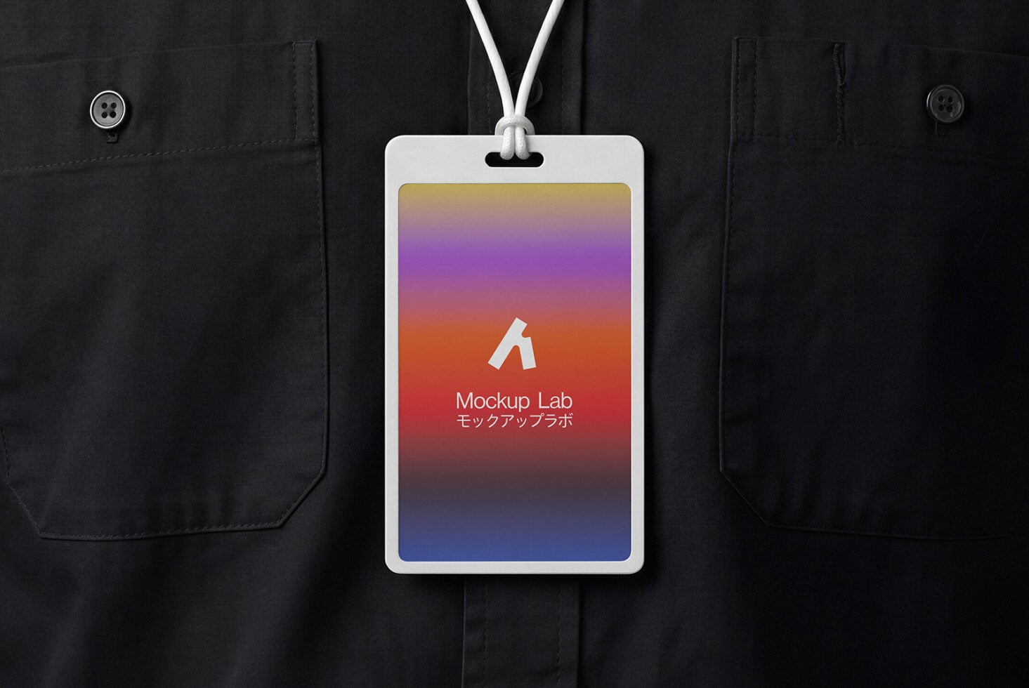 ID badge mockup with colorful gradient display on black jacket
