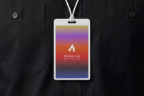 ID badge mockup with colorful gradient display on black jacket