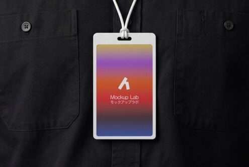 ID badge mockup with colorful gradient display on black jacket