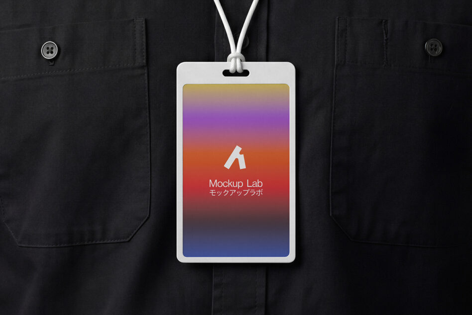 ID badge mockup with colorful gradient display on black jacket
