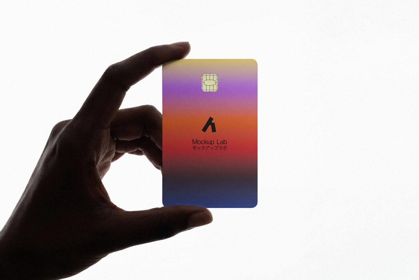 Hand holding gradient credit card mockup with colorful sunset design
