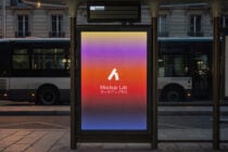 Bus shelter billboard with warm gradient and Mockup Lab branding visible
