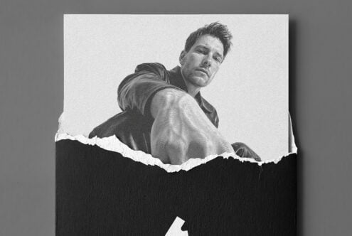 White poster mounted on gray wall with ripped paper overlay effect