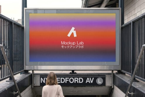 Person viewing subway billboard with Mockup Lab logo on gradient colored screen