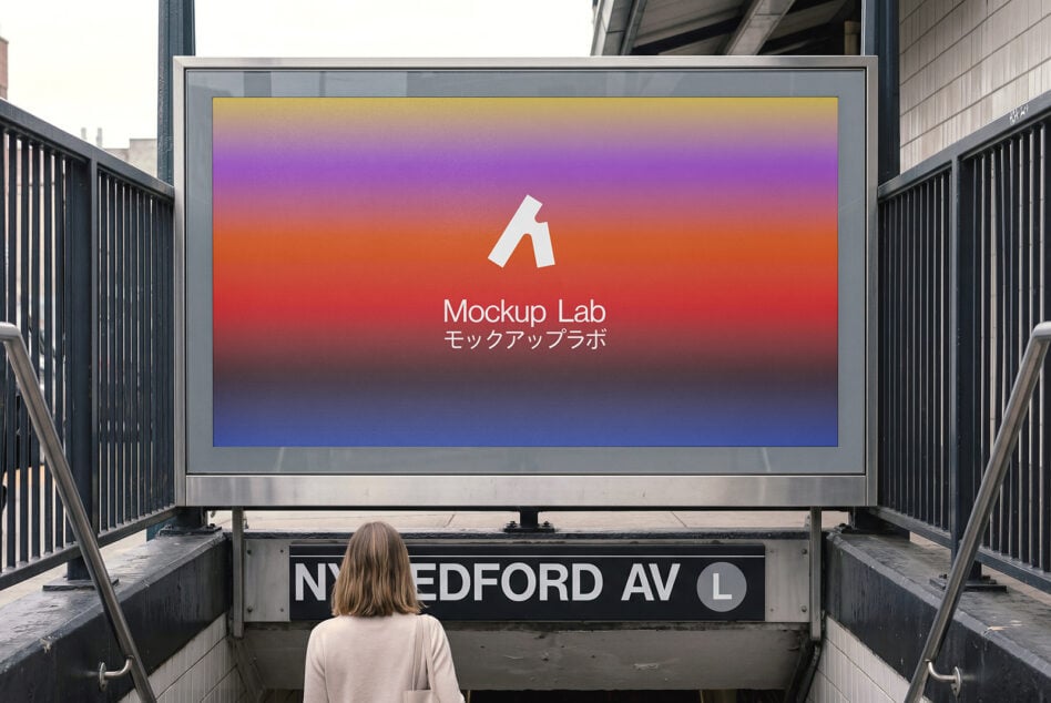 Person viewing subway billboard with Mockup Lab logo on gradient colored screen