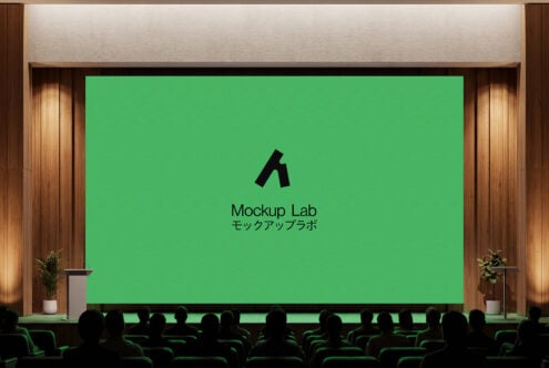 Theater stage with bright green screen displaying Mockup Lab logo, wooden trim