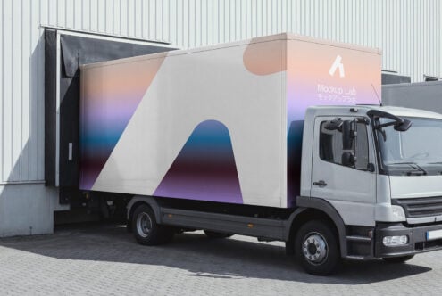 Delivery truck with gradient wrap showing pink, purple, blue design