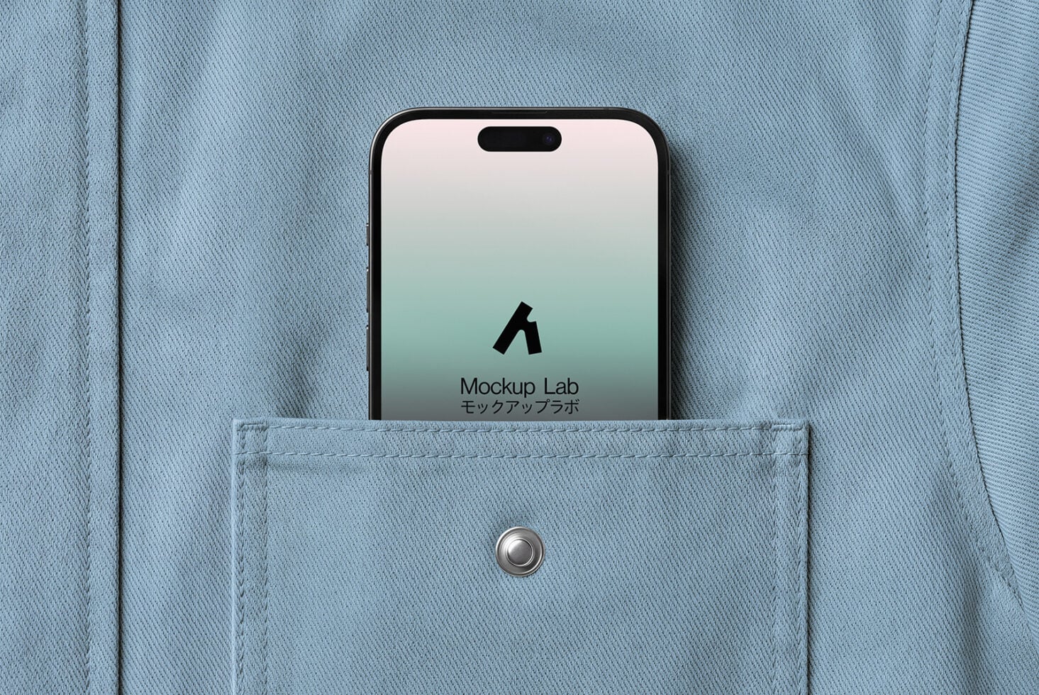 iPhone in light blue jacket pocket displaying teal gradient with logo