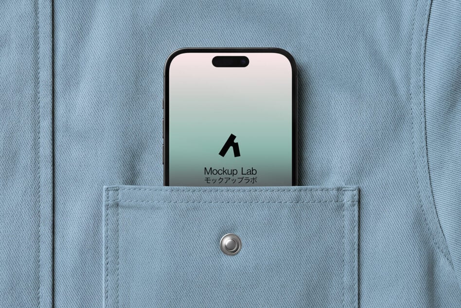 iPhone in light blue jacket pocket displaying teal gradient with logo