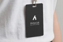 Black vertical ID badge on gray lanyard with white Mockup Lab logo centered