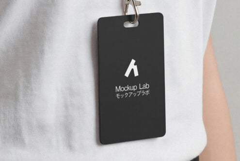 Black vertical ID badge on gray lanyard with white Mockup Lab logo centered