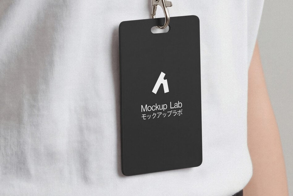 Black vertical ID badge on gray lanyard with white Mockup Lab logo centered