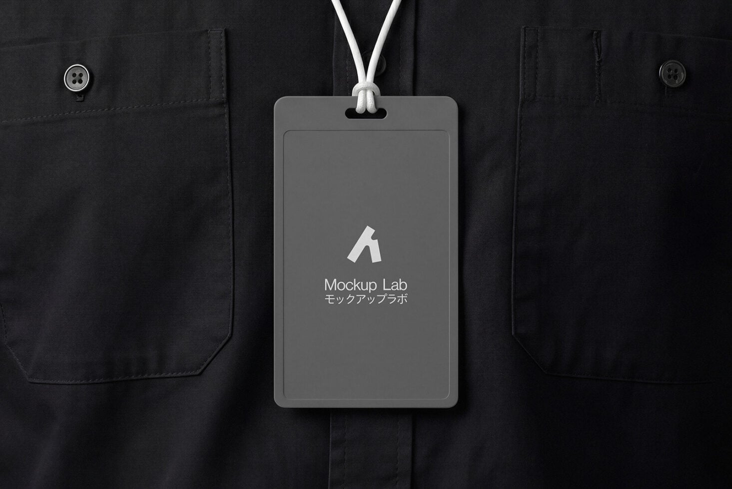 ID badge mockup with gray display on black jacket with buttons
