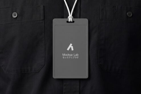 ID badge mockup with gray display on black jacket with buttons