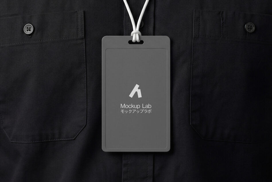 ID badge mockup with gray display on black jacket with buttons