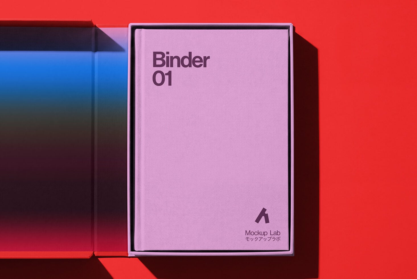 Binder 01 in lavender pink with Mockup Lab branding on vibrant red background