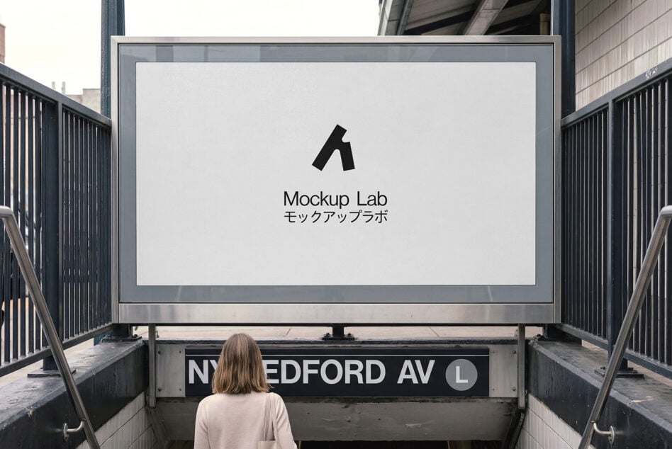 Person viewing subway billboard with Mockup Lab logo on white screen mockup