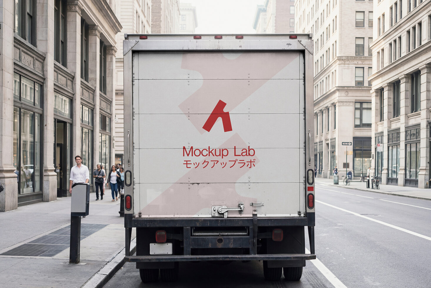 Truck cargo door mockup with clean white surface on city street