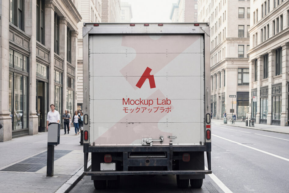 Truck cargo door mockup with clean white surface on city street