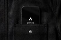 Dark fabric pocket showing iPhone with white icon on black background