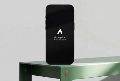 iPhone with black screen displaying Mockup Lab logo in center