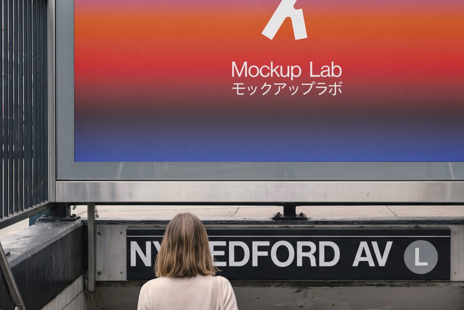 Person viewing subway billboard with Mockup Lab logo on vibrant gradient background