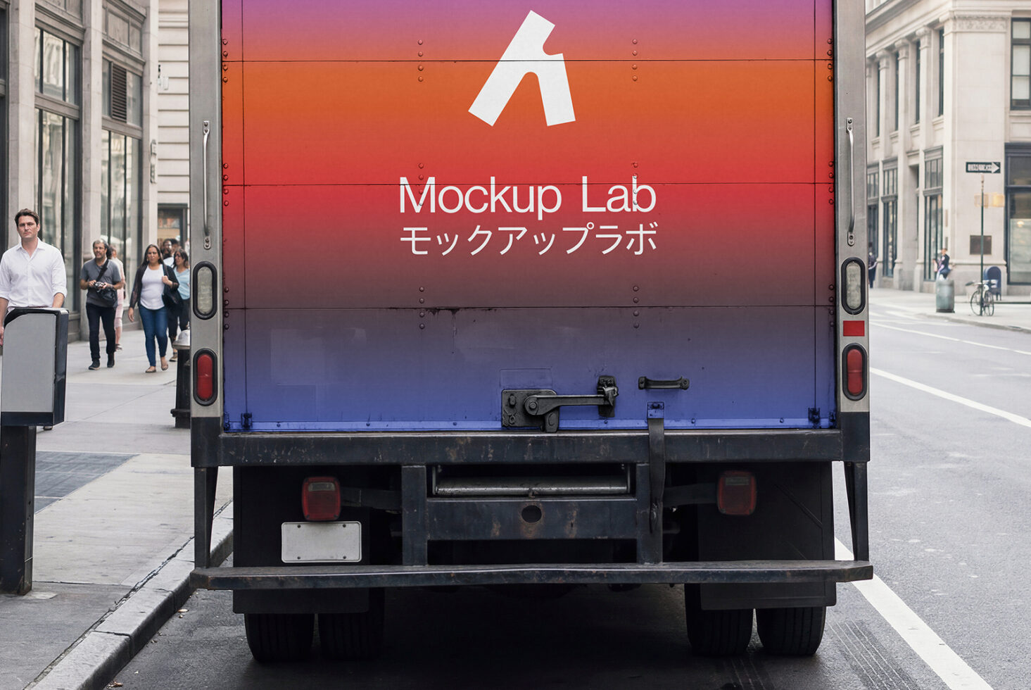 Delivery truck rear panel with gradient red to blue showing Mockup Lab branding