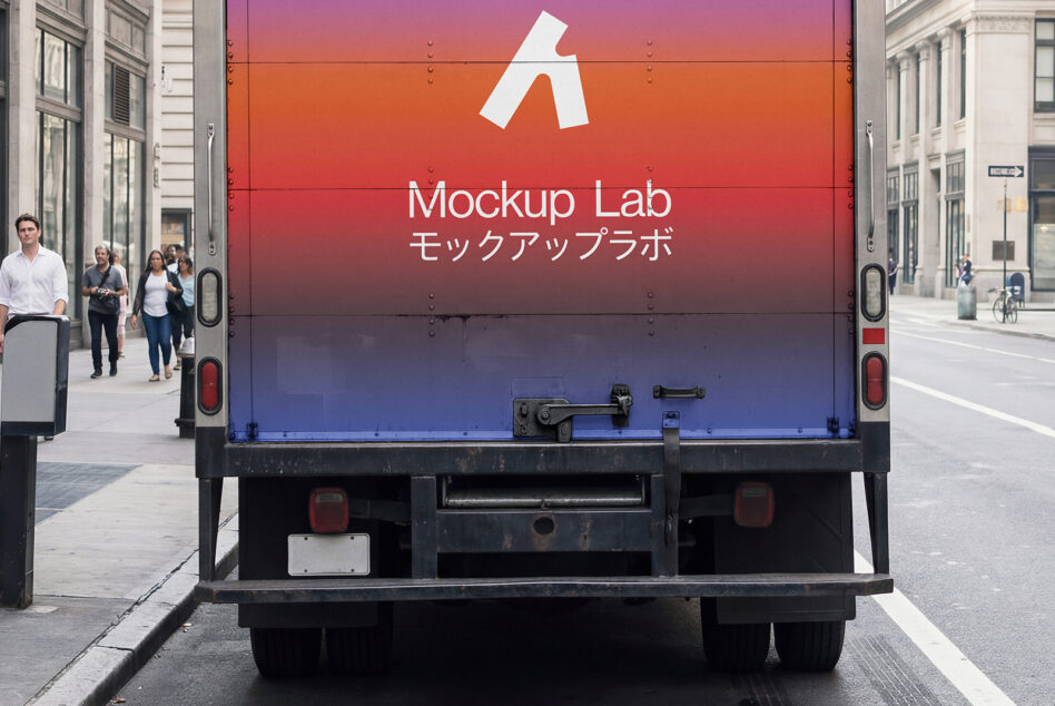 Delivery truck rear panel with gradient red to blue showing Mockup Lab branding