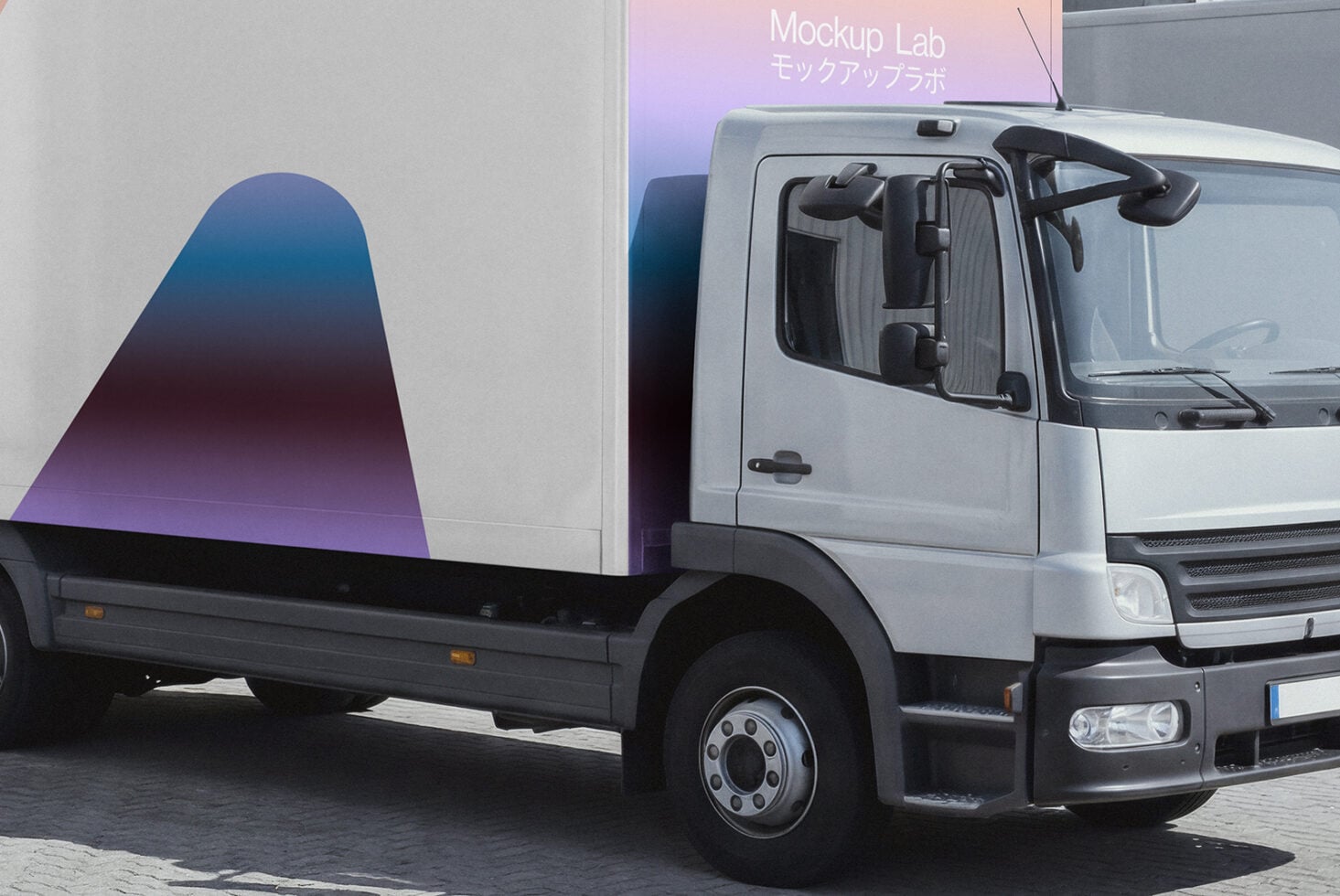 Delivery truck with gradient purple side panel displaying Mockup Lab branding on signage