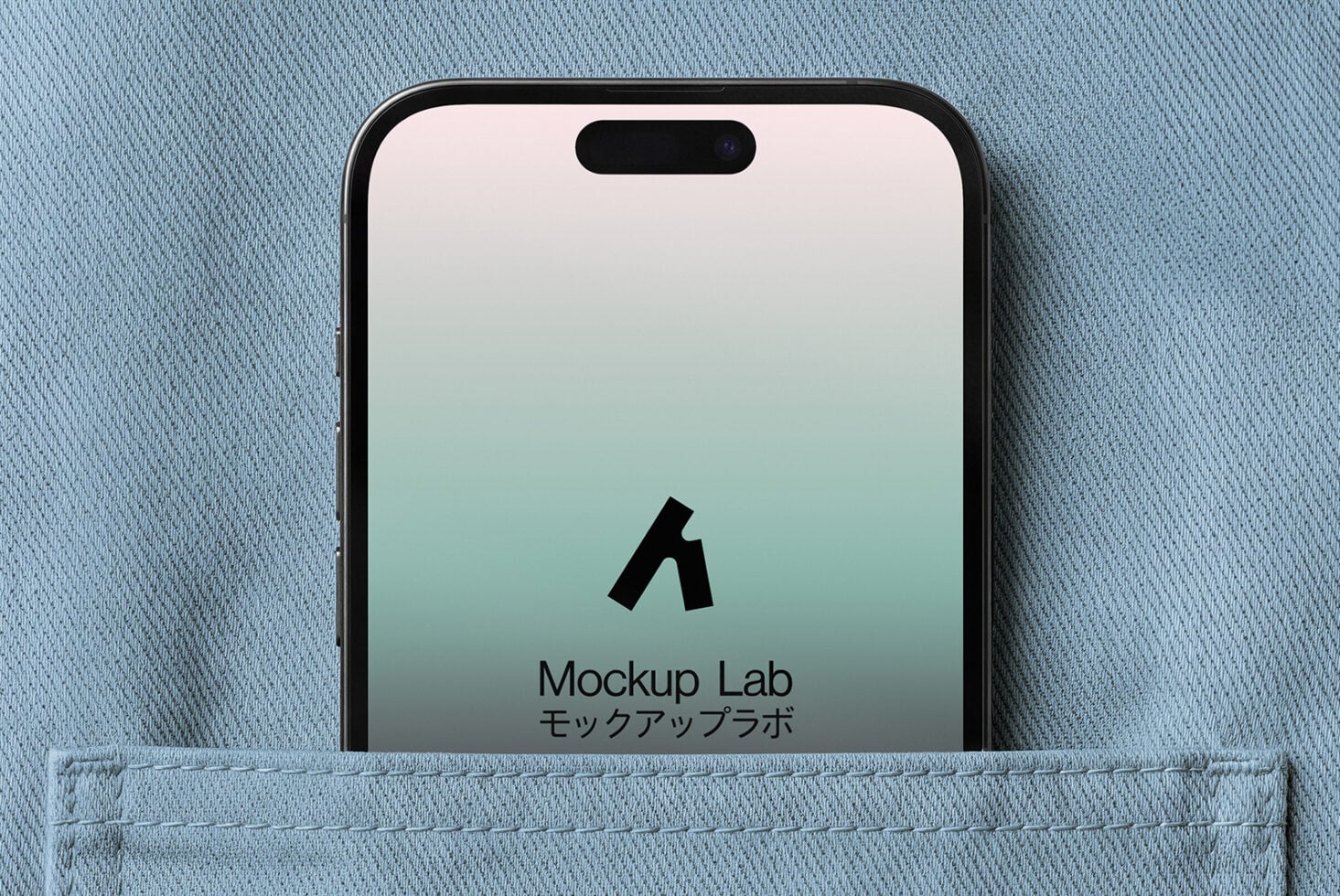 iPhone poking out of light blue fabric pocket showing gradient lock screen