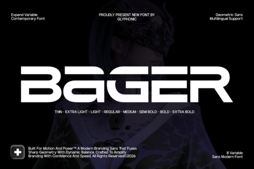 Bager geometric sans font with 8 weight variations from thin to extra bold
