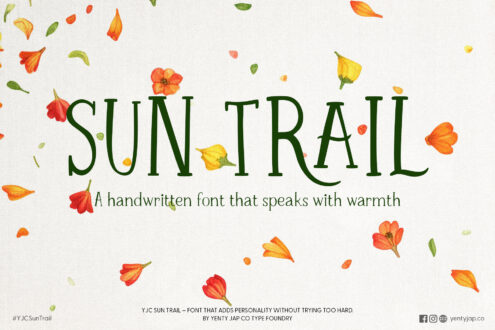 Sun Trail handwritten font with orange flower petals scattered on cream background