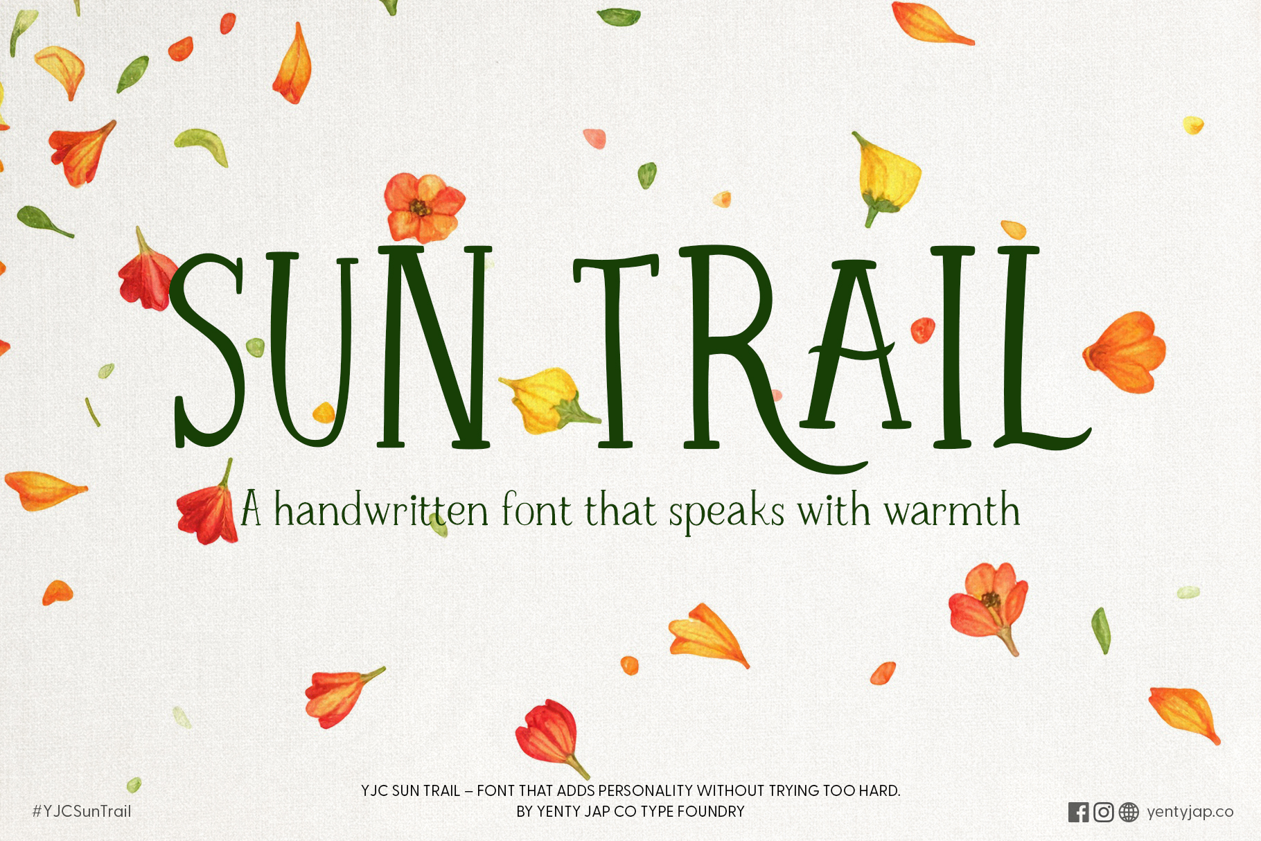 Sun Trail handwritten font with orange flower petals scattered on cream background