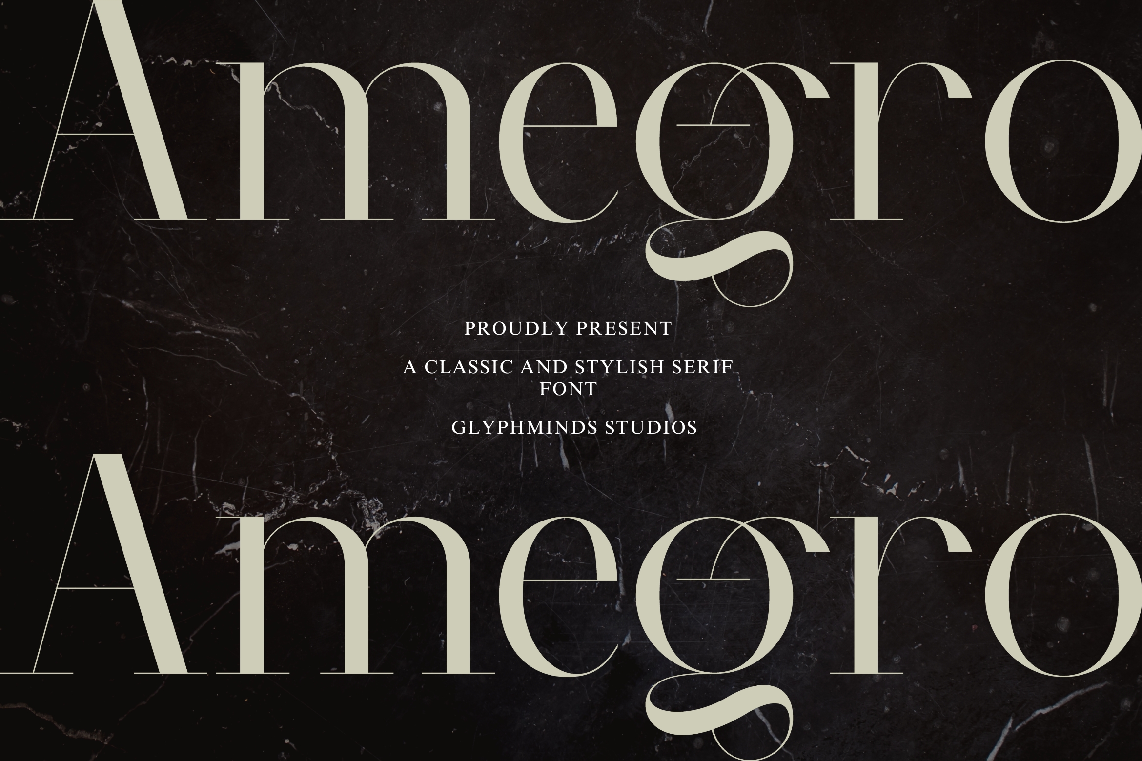 Ameoiro serif font display on textured black marble surface