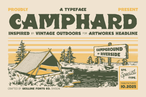 Camphard typeface poster with camping tent scene, vintage outdoor aesthetic design