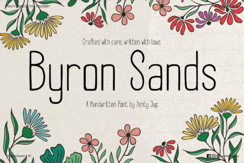 Byron Sands font display with hand-drawn floral border decoration