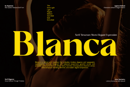 Blanca serif font specimen with multiple weights on textured portrait background