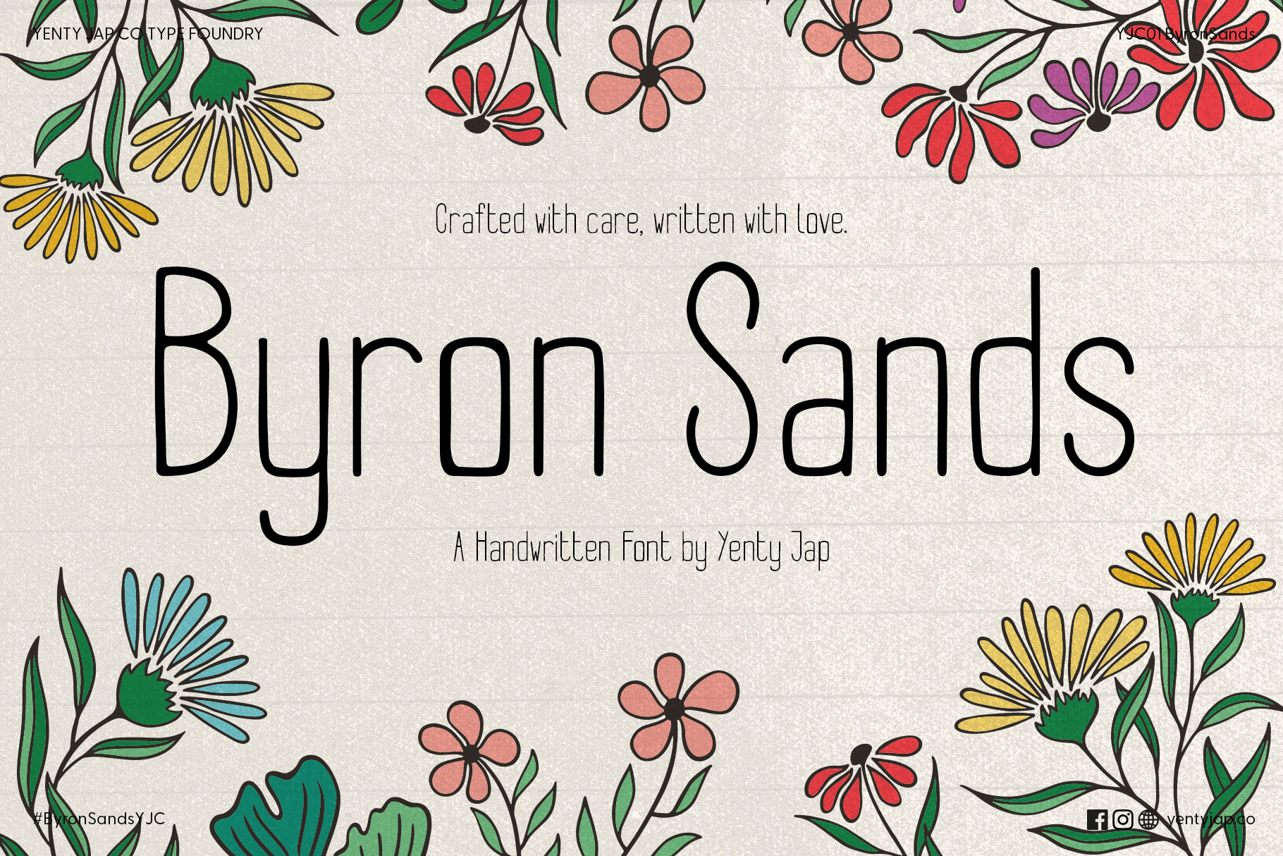 Byron Sands font display with hand-drawn floral border decoration