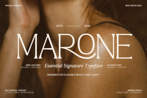 Marone serif typeface display on warm skin tone background with elegant signature styling