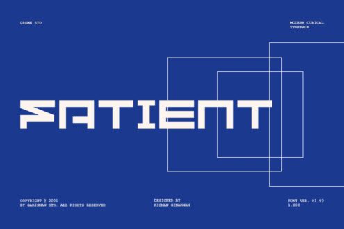 Satiemti typeface specimen with overlapping rectangles on dark blue